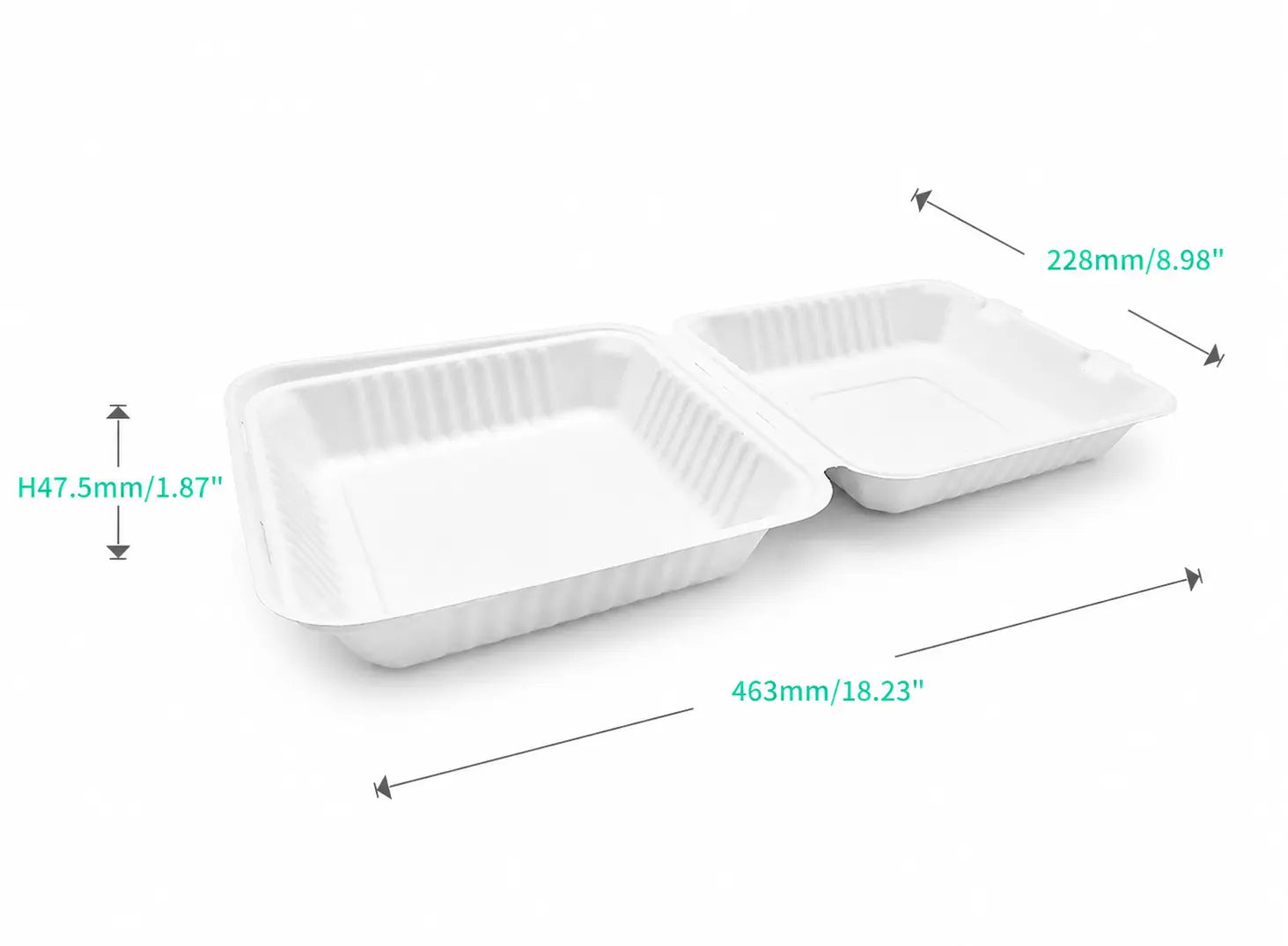 Bagasse Clamshell Meal Box 9 x 9″, rectangular and white, features two compartments and measures 463mm x 228mm x 47.5mm (18.23 x 8.98 x 1.87″).