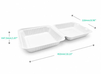 Bagasse Clamshell Meal Box 9 x 9″, rectangular and white, features two compartments and measures 463mm x 228mm x 47.5mm (18.23 x 8.98 x 1.87″).