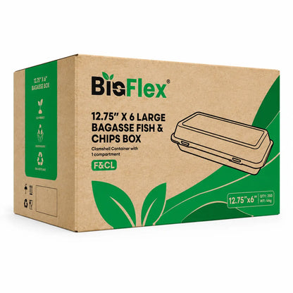 Cardboard box labeled “Bagasse Fish & Chips Box Large 1600ml 250 Pack,” featuring an elongated tray design with a clamshell container illustration and green eco-friendly graphics—ideal for sustainable fried food packaging.