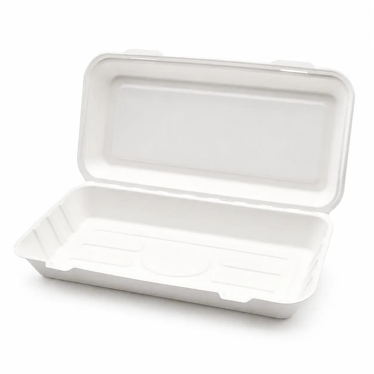 An open, empty Bagasse Fish & Chips Box Large 1600ml is displayed with its hinged lid against a plain background, highlighting this eco-friendly packaging option—perfect for serving fried foods.