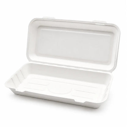 An open, empty Bagasse Fish & Chips Box Large 1600ml is displayed with its hinged lid against a plain background, highlighting this eco-friendly packaging option—perfect for serving fried foods.