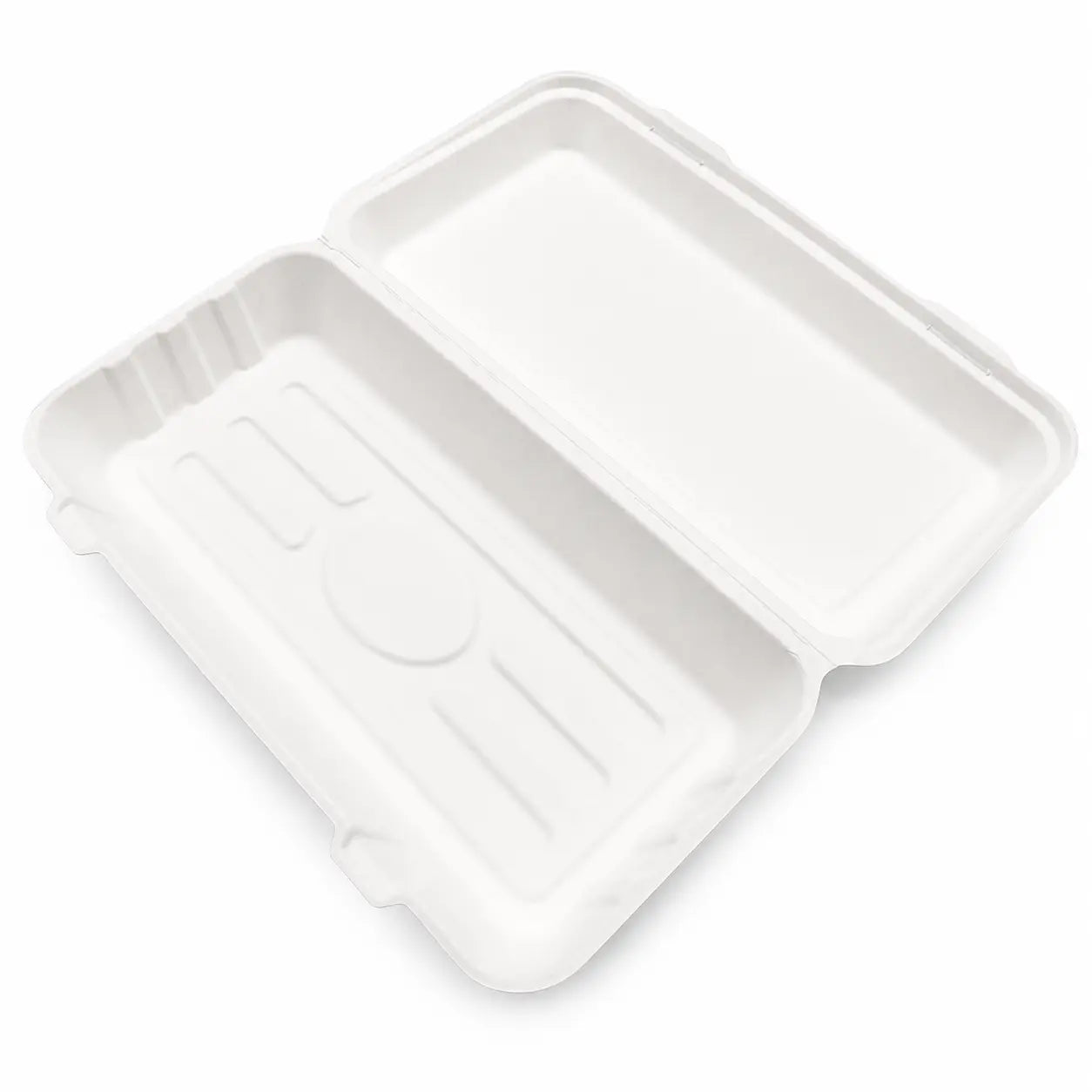 Open, empty white Bagasse Fish & Chips Box Large 1600ml, made from molded fiber and shown on a white background—an eco-friendly alternative for fried food packaging.