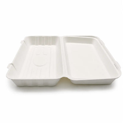 A Bagasse Fish & Chips Box Large 1600ml (250 Pack), featuring a white, open, rectangular biodegradable design with two compartments—ideal as a clamshell box for fried food packaging—is displayed on a plain white background.