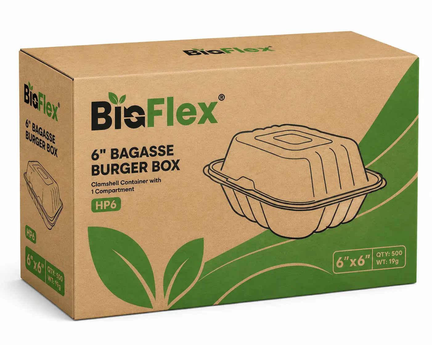 Brown box labeled Burger Box Bagasse Clamshell Takeaway Container, displaying an illustration of the product along with details such as a 500 count quantity and 19g weight. This compostable takeaway container is eco-friendly and made from bagasse clamshell material.