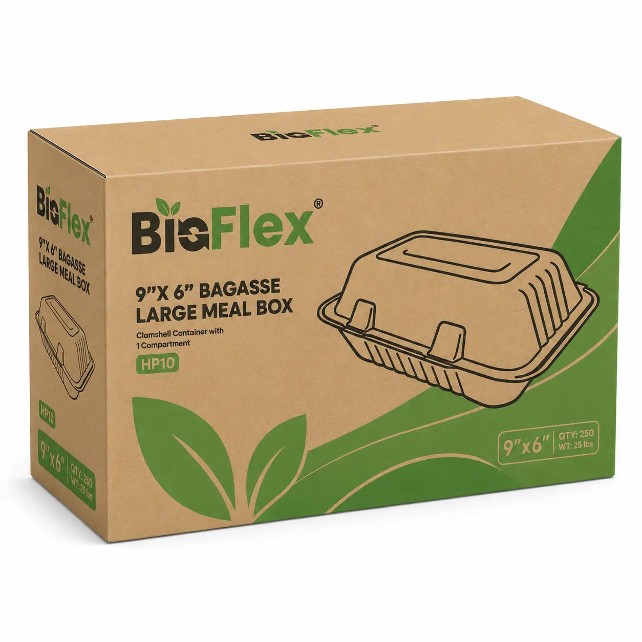 A cardboard box labeled 9x6″ Bagasse Clamshell Takeaway Containers displays an illustration of a compostable clamshell-style food container with green leaf graphics, emphasizing its eco-friendly and microwave-safe packaging.