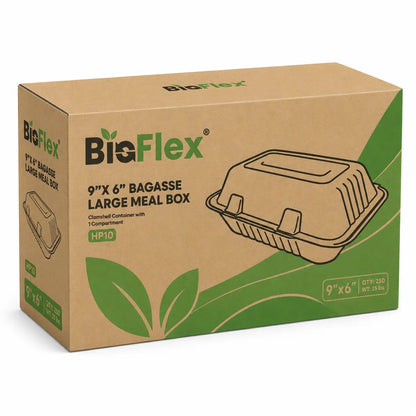 A cardboard box labeled 9x6″ Bagasse Clamshell Takeaway Containers displays an illustration of a compostable clamshell-style food container with green leaf graphics, emphasizing its eco-friendly and microwave-safe packaging.