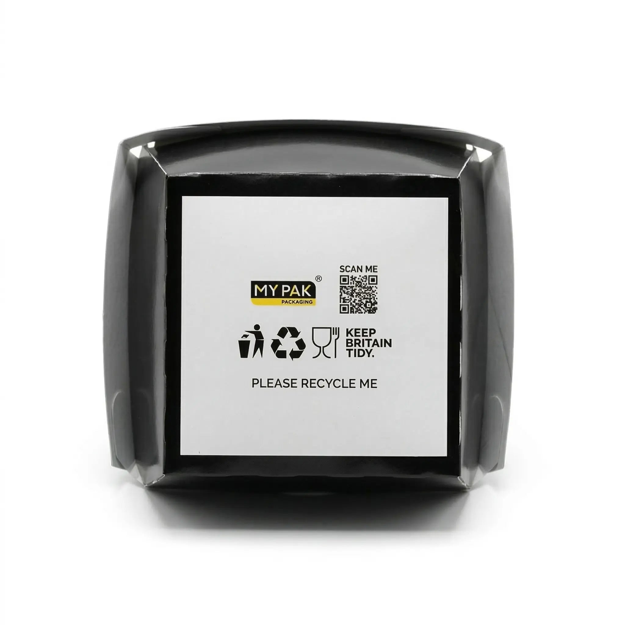 The Black Clamshell Burger Box 4" (200 Pack) features a white label with recycling symbols, a QR code, and the text "MY PAK," "KEEP BRITAIN TIDY," and "PLEASE RECYCLE ME"—ideal for eco-friendly takeaway packaging.