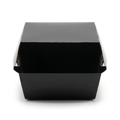 The Black Clamshell Burger Box 4" (200 Pack) is displayed closed against a plain white background, showcasing its sleek takeaway packaging design.