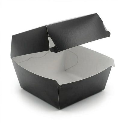 The Black Clamshell Burger Box 4" (200 Pack) is displayed open and empty against a white background, showcasing its practical design for convenient takeaway packaging.