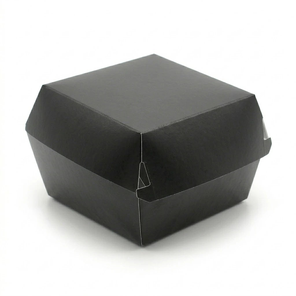 The Black Clamshell Burger Box 5" (200 Pack) sits closed on a white background, perfect for stylish takeaway packaging.