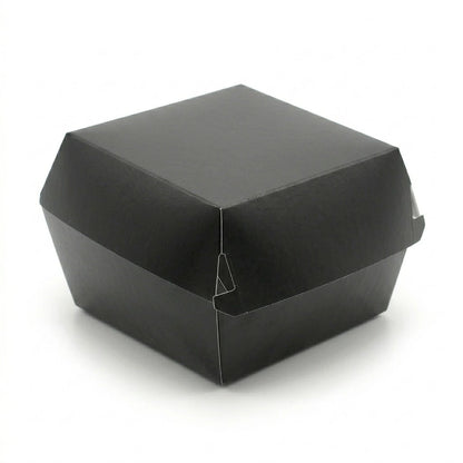 A closed Black Burger Boxes 5 Inch from the 200 Pack is displayed on a plain white background, highlighting its sleek design for ideal burger takeaway packaging.