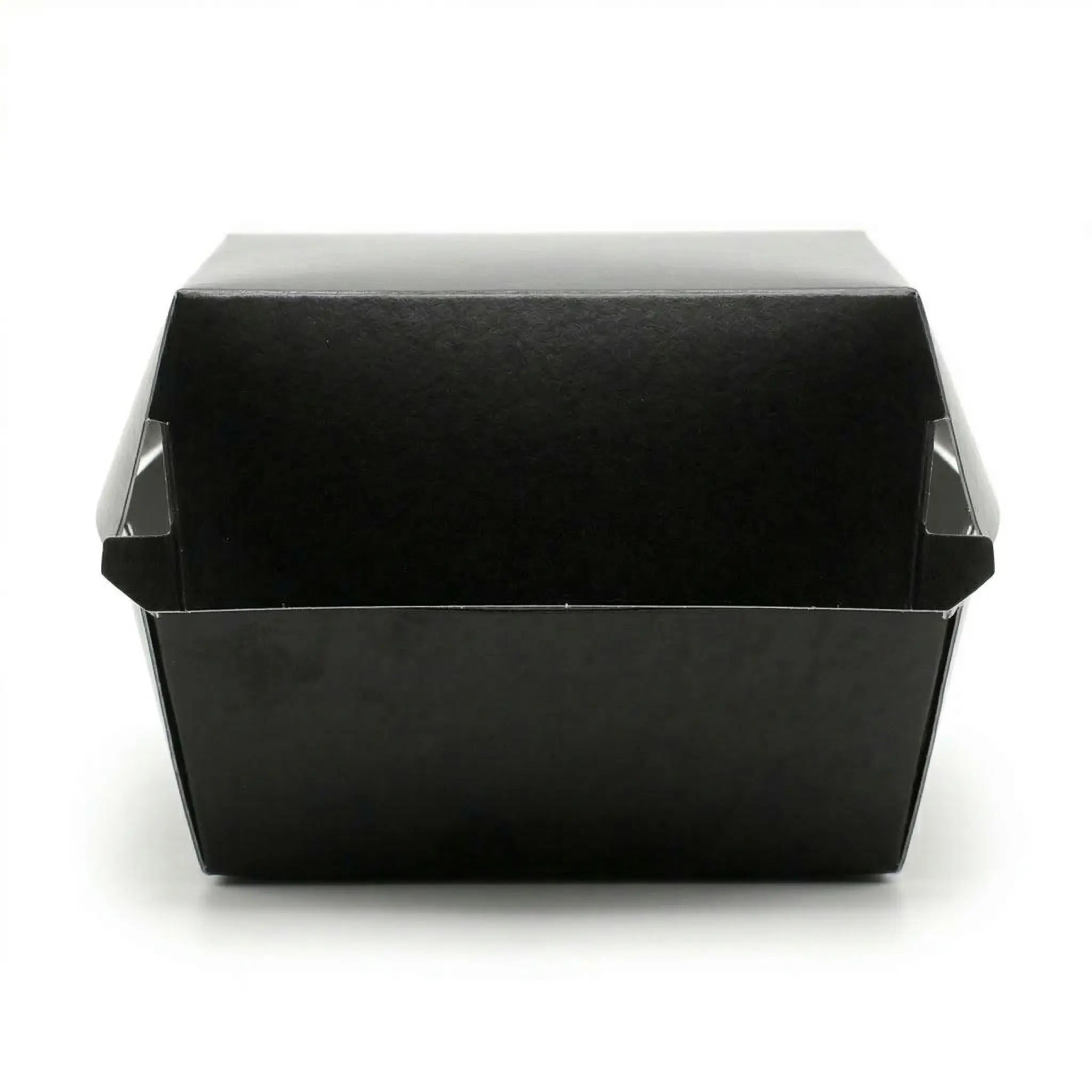 A Black Clamshell Burger Box 5" from the 200 Pack is displayed closed on a plain white background, emphasizing its sleek takeaway packaging design.