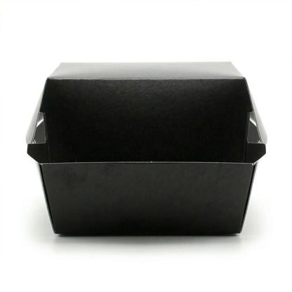 A 5-inch Black Burger Box from the 200 Pack is shown closed against a plain white background, perfect for burger or takeaway packaging.