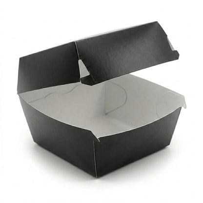 A 200-pack of 5-inch black burger boxes is shown open and empty against a white background, perfect as stylish, modern takeaway packaging.