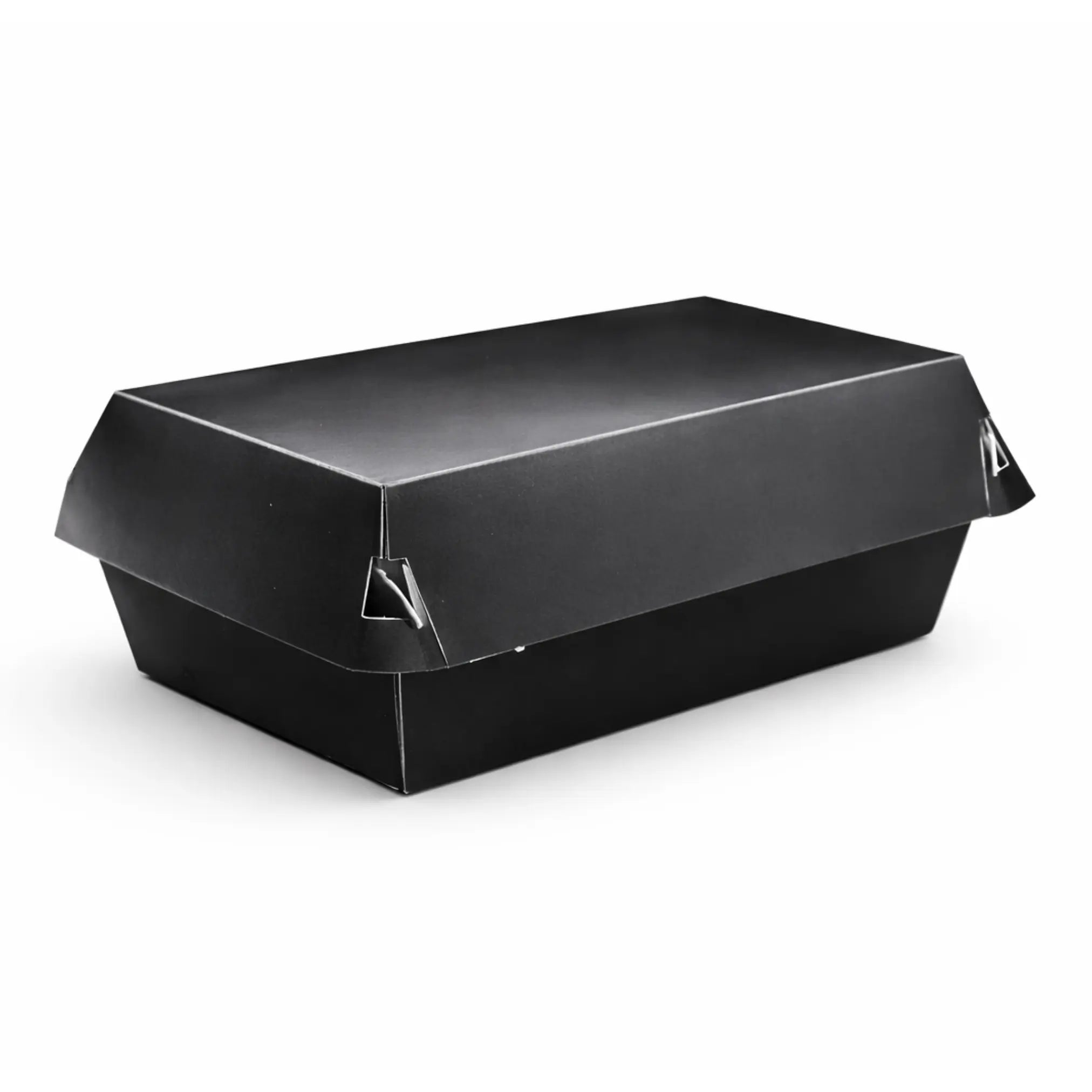 The Black Clamshell Meal Box Large HP10, ideal for large meals, is a closed black rectangular cardboard box with a folded lid, shown on a white background. Comes in a 200 pack.