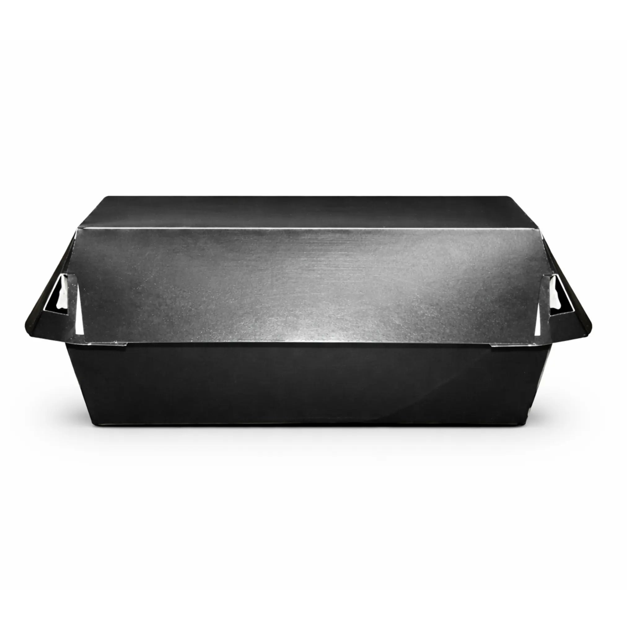 A large, rectangular Black Clamshell Meal Box (HP10) from a 200 pack is shown closed with two side flaps against a white background.