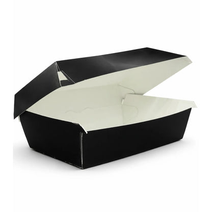 The Black Clamshell Meal Box Large HP10 (200 Pack) is displayed open with its lid partially raised against a white background.