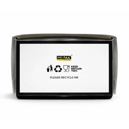 A Black Clamshell Meal Box Large HP10 from a 200 pack features recycling and trash symbols along with the text "Please Recycle Me" and "Keep Britain Tidy" on the front label.
