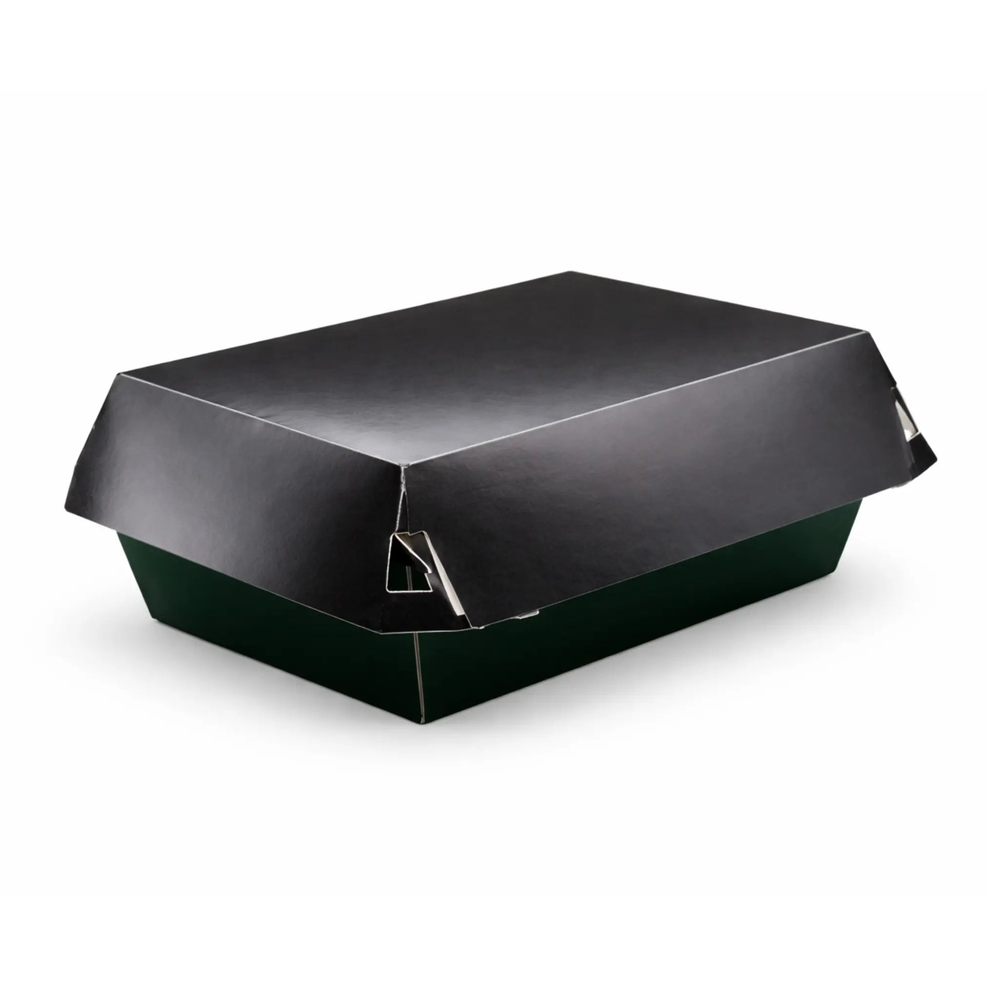 A Black Clamshell Meal Box Medium HP9 from a 200 pack rests on a white background, highlighting its sleek and practical takeaway packaging for meals on the go.