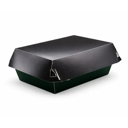 A Black Clamshell Meal Box Medium HP9 from a 200 pack rests on a white background, highlighting its sleek and practical takeaway packaging for meals on the go.