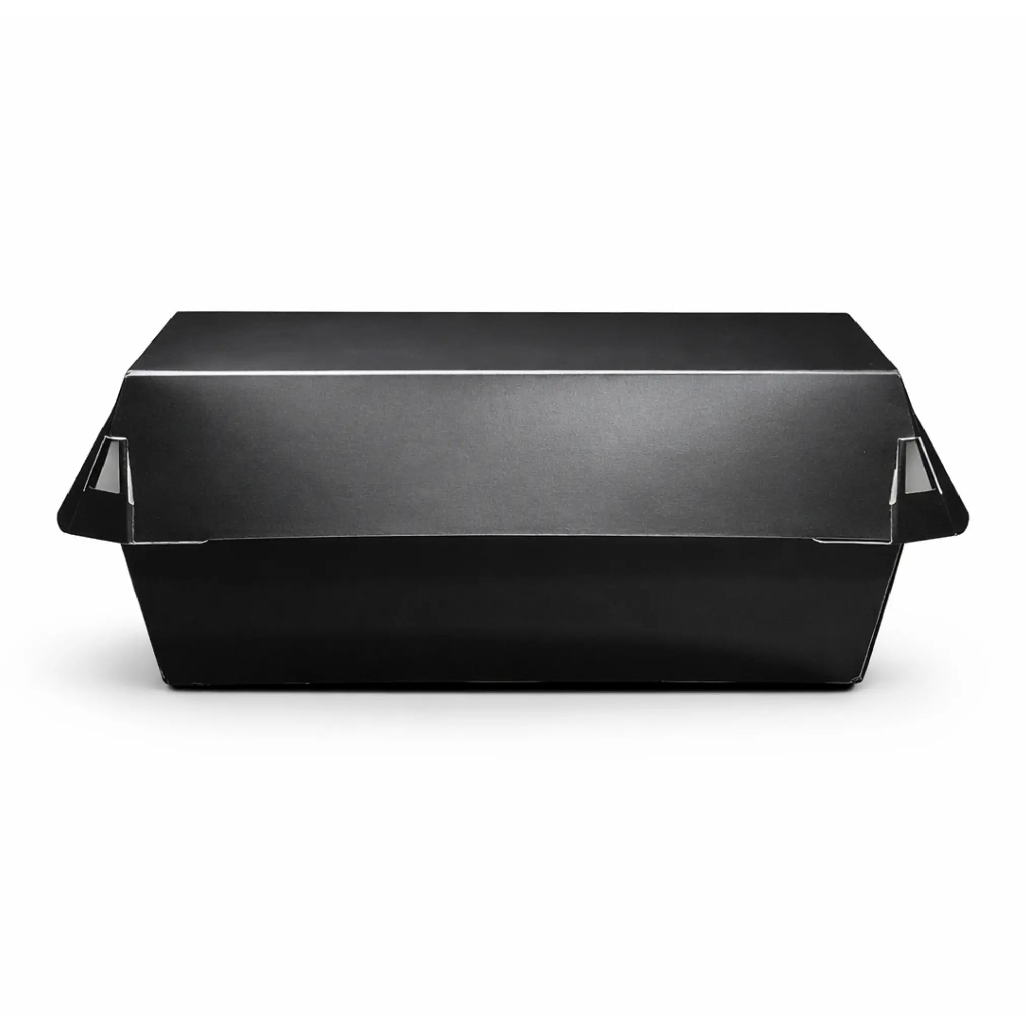 The Black Clamshell Meal Box Medium HP9 (200 Pack) is a closed, rectangular black paperboard container with folded side flaps, ideal for stylish and secure takeaway packaging.