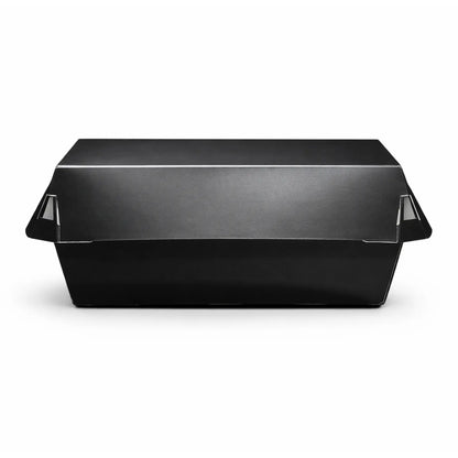 The Black Clamshell Meal Box Medium HP9 (200 Pack) is a closed, rectangular black paperboard container with folded side flaps, ideal for stylish and secure takeaway packaging.
