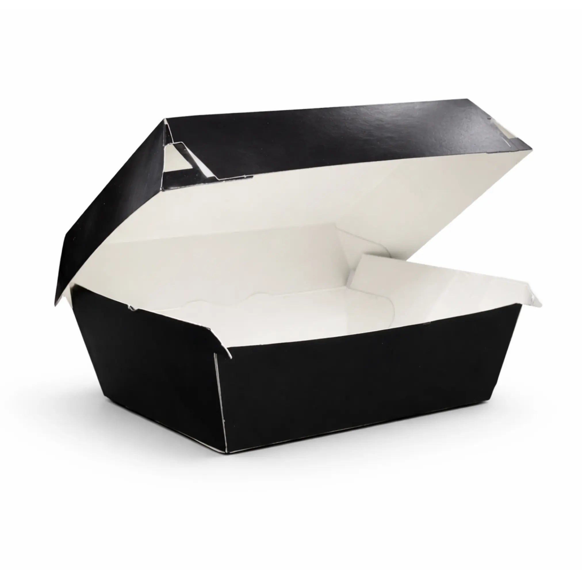 A Black Clamshell Meal Box Medium HP9 from a 200 pack, with the lid partially open, is shown on a white background.