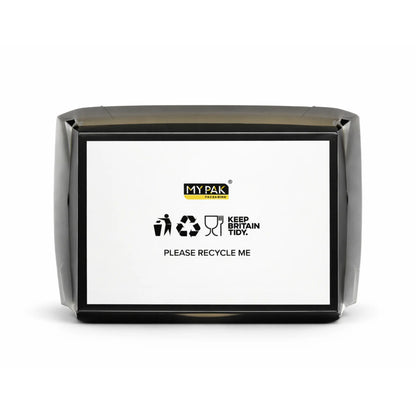 The Black Clamshell Meal Box Medium HP9 (200 pack) is a black and white paperboard meal box featuring recycling symbols and the "Keep Britain Tidy" message—ideal for takeaway packaging. Please recycle after use.