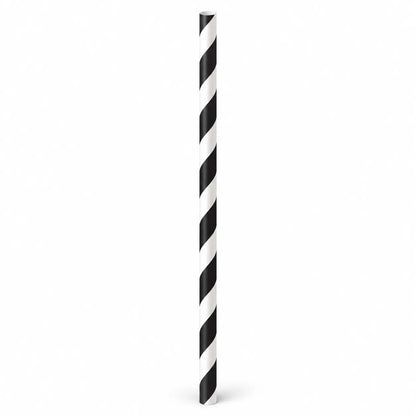 An individually wrapped 8mm x 230mm Paper Straw with black and white diagonal stripes stands upright on a plain white background, showcasing its biodegradable design.