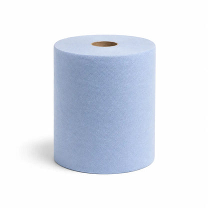 Blue Roll 145M: a single large 145m blue centrefeed kitchen paper roll stands upright on a white background, perfect for 2-ply centrefeed dispensers.