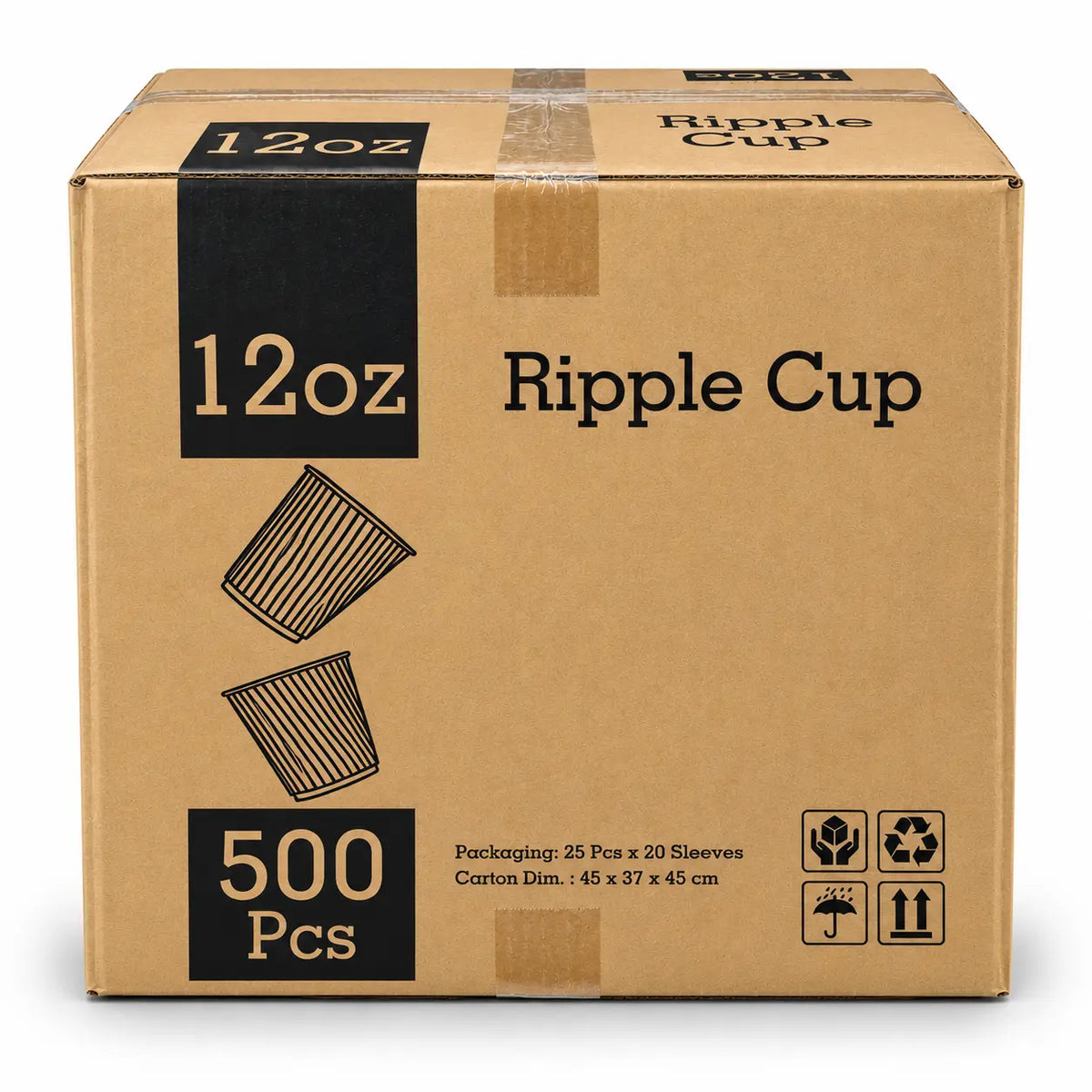 A cardboard box labeled BioFlex 12oz Brown Ripple Coffee Cups, 500 pcs, with icons and dimensions printed on the front—perfect for storing insulated hot drink cups or compostable coffee cups.