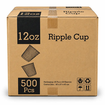 A cardboard box labeled BioFlex 12oz Brown Ripple Coffee Cups, 500 pcs, with icons and dimensions printed on the front—perfect for storing insulated hot drink cups or compostable coffee cups.