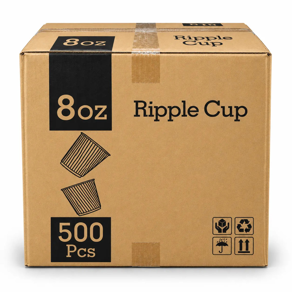 Brown cardboard box labeled “BioFlex 8oz Brown Ripple Coffee Cups, 500 Pcs,” featuring images of cups and handling symbols for recycling, fragile, keep dry, and this side up. These BioFlex 8oz ripple coffee cups are crafted with triple-wall insulation for superior heat protection and offer an ideal compostable option for eco-conscious businesses.
