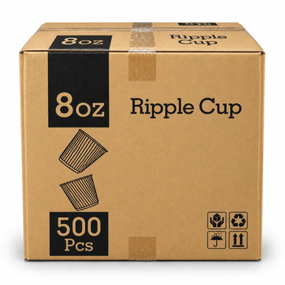Brown cardboard box labeled “BioFlex 8oz Brown Ripple Coffee Cups, 500 Pcs,” featuring images of cups and handling symbols for recycling, fragile, keep dry, and this side up. These BioFlex 8oz ripple coffee cups are crafted with triple-wall insulation for superior heat protection and offer an ideal compostable option for eco-conscious businesses.