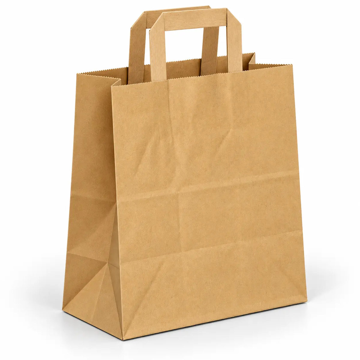 A large Brown SOS Paper Bag with flat internal rectangular handles (260 x 140 x 295mm) stands upright on a white background, making it an ideal food-contact safe kraft takeaway bag.