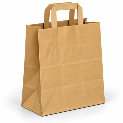 A large Brown SOS Paper Bag with flat internal rectangular handles (260 x 140 x 295mm) stands upright on a white background, making it an ideal food-contact safe kraft takeaway bag.