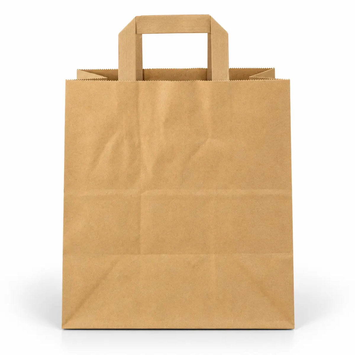 The Brown SOS Paper Bag Large Flat Internal Handles 260 x 140 x 295mm stands upright against a white background, crafted from food-contact safe kraft paper—ideal as a flat handle takeaway bag.