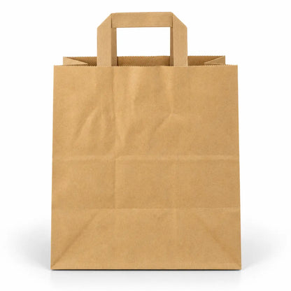 The Brown SOS Paper Bag Large Flat Internal Handles 260 x 140 x 295mm stands upright against a white background, crafted from food-contact safe kraft paper—ideal as a flat handle takeaway bag.