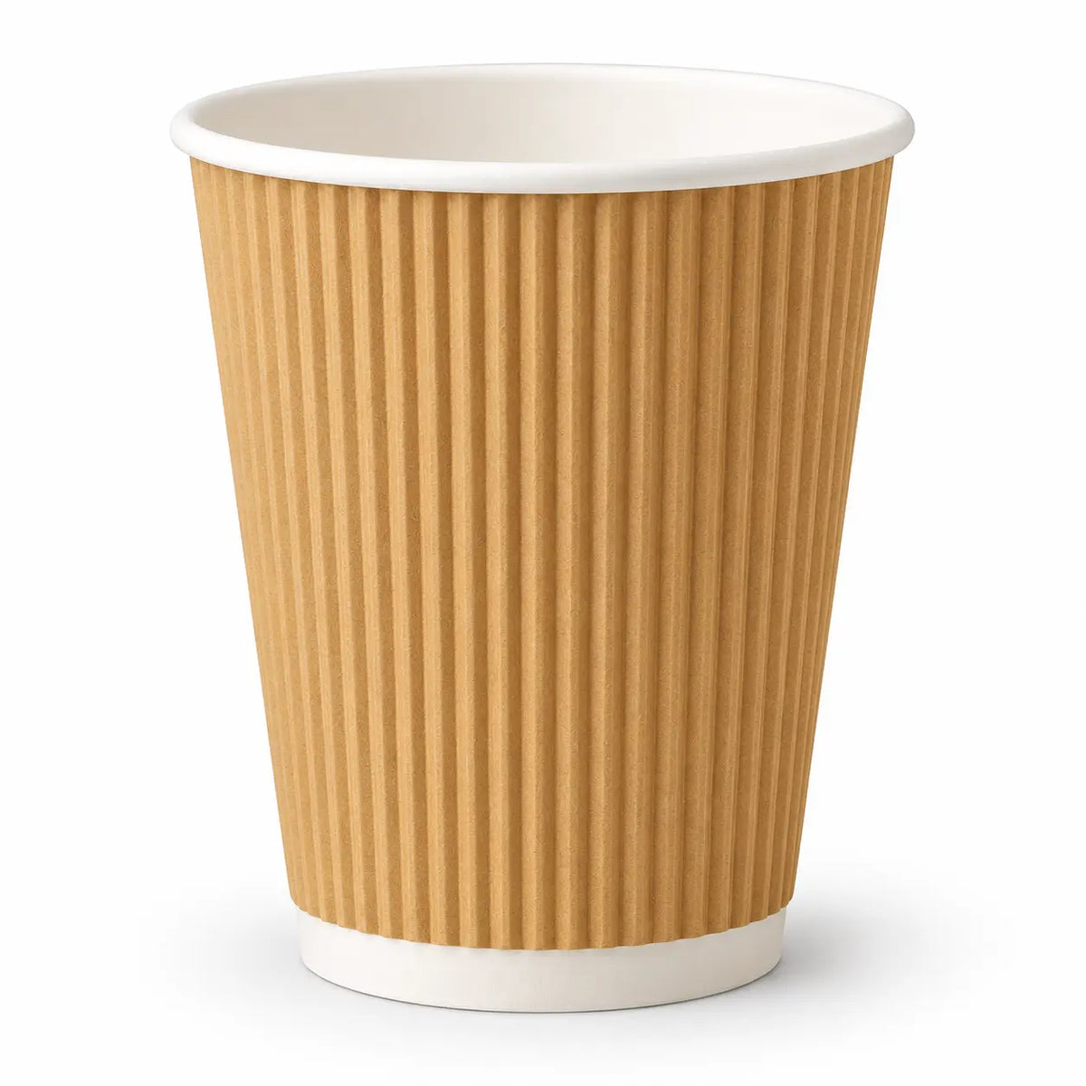 BioFlex 12oz Brown Ripple Coffee Cup with white interior and base, standing upright on a white background.