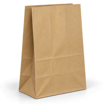 A Brown SOS Paper Bag Large 250 x 160 x 400mm with creases stands upright on a white surface.