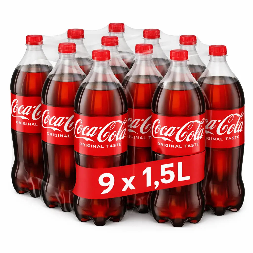 Coca Cola Original 1.5L Bottles 9 Pack comes in clear plastic wrap with a red label displaying 9 x 1,5L—perfect for wholesale soft drink orders or import to Poland.