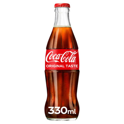 Coca Cola Original 330ml Glass Bottles 24 Pack—red label, white text—perfect for soft drink wholesalers or Coca-Cola glass bottle collectors.