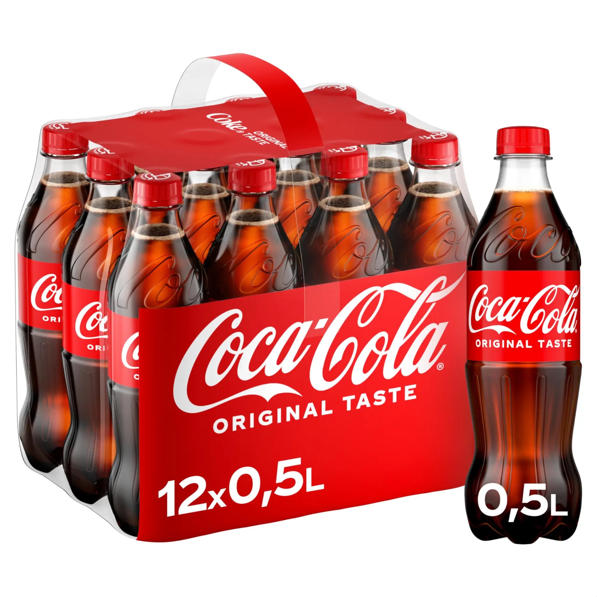 Coca-Cola Original Taste, 12-pack of 500ml bottles, displayed in a box with a vibrant red design.