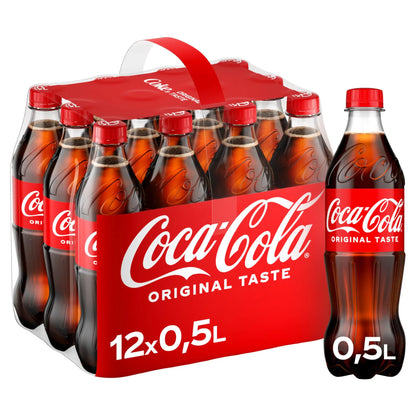 Coca-Cola Original Taste, 12-pack of 500ml bottles, displayed in a box with a vibrant red design.