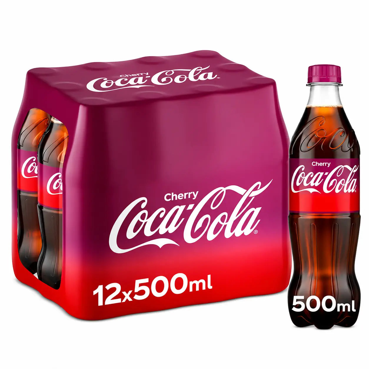 A pack of Coca Cola Cherry 500ml 12 Pack Import is displayed, with one bottle positioned beside the pack.