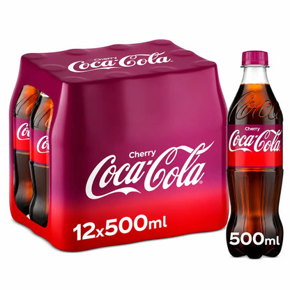 A pack of Coca Cola Cherry 500ml 12 Pack Import is displayed, with one bottle positioned beside the pack.