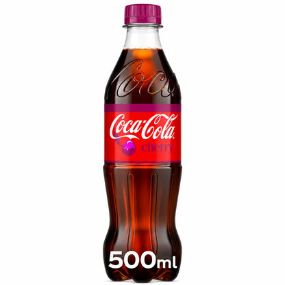A 500 mL plastic bottle from the Coca Cola Cherry 500ml 12 Pack Import, featuring a red and purple label and a purple cap, displayed on a white background.