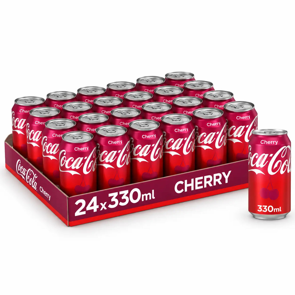 A tray of Coca Cola Cherry 24 x 330ml EU cans, with one can placed upright outside the tray on the right.