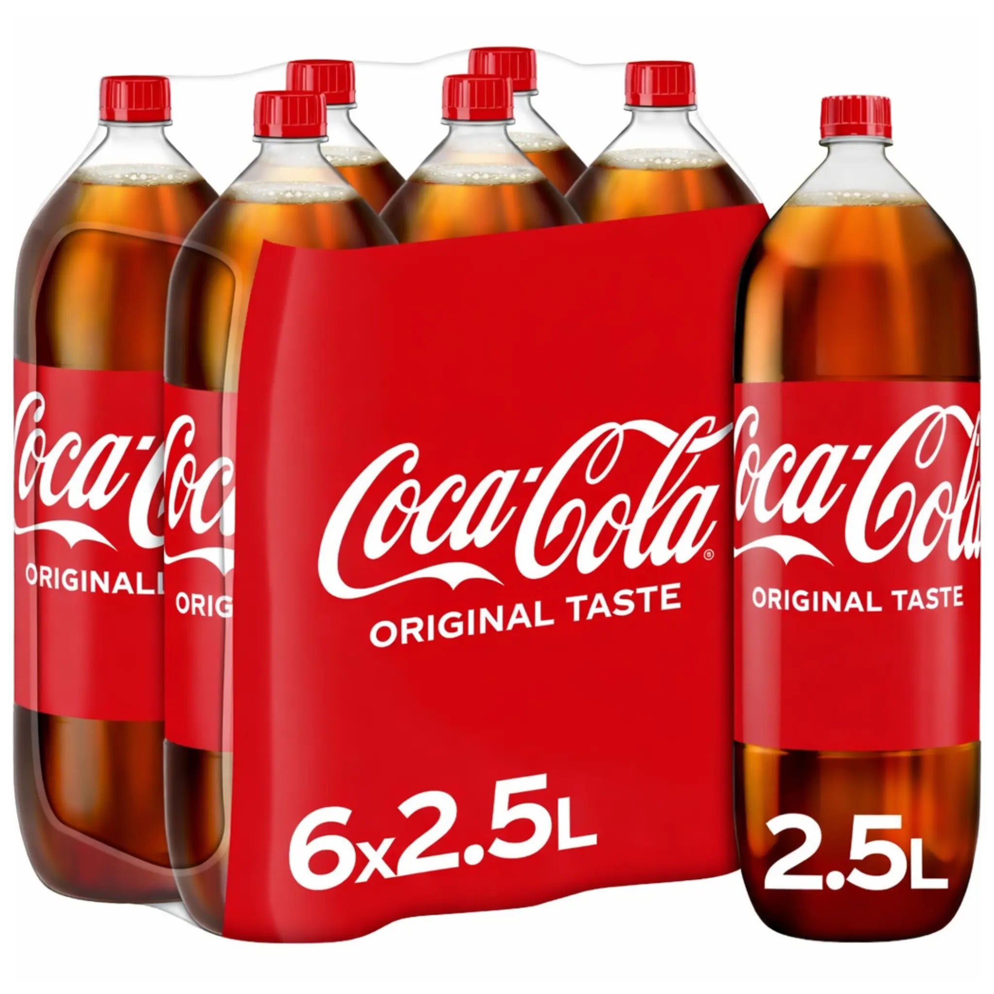 Coca-Cola Original Taste, 12-pack of 2.5L bottles, displayed in a box with a vibrant red design.