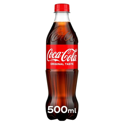 500ml plastic bottle of Coca-Cola with a red label reading "Coca-Cola Original Taste" and a red cap.